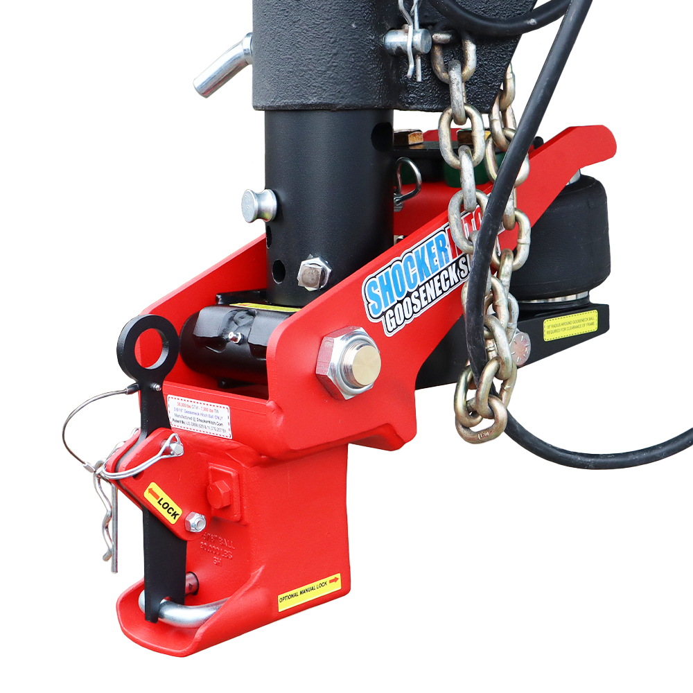 Shocker Multi-Fit Gooseneck Air Hitch & Shift Lock Coupler -Fits 4"& 100mm Round Stem w/Straight or Angled Pin Holes (Patent Pending)