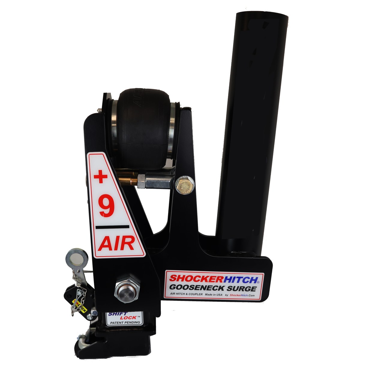 Shocker Gooseneck Surge Air Hitch & 9" Offset Coupler Installed (Round Blank Stem)