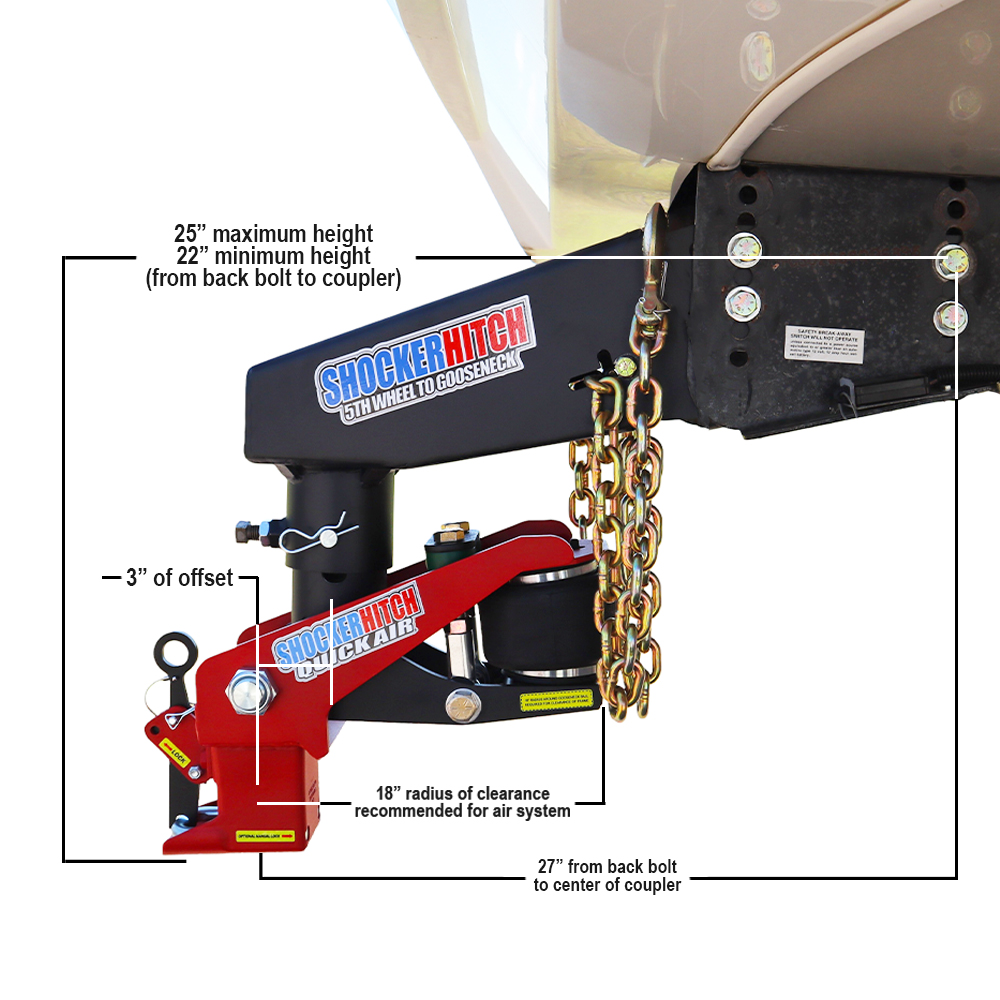 Quick Air 5th Wheel to Goose Kit with Shift Lock Coupler - Diagram & Dimensions